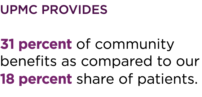 UPMC provides 31 percent of community benefits as compared to our 18 percent share of patients. 
