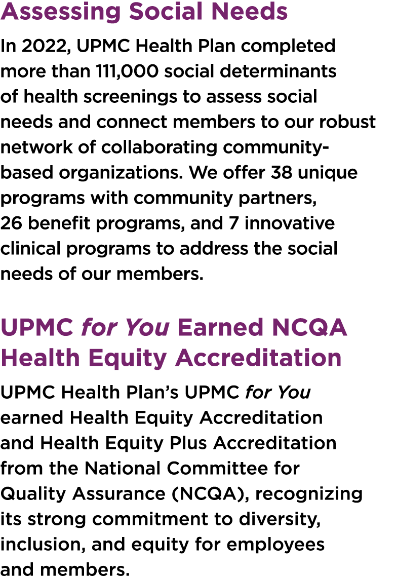 Assessing Social Needs In 2022, UPMC Health Plan completed more than 111,000 social determinants of health screenings...