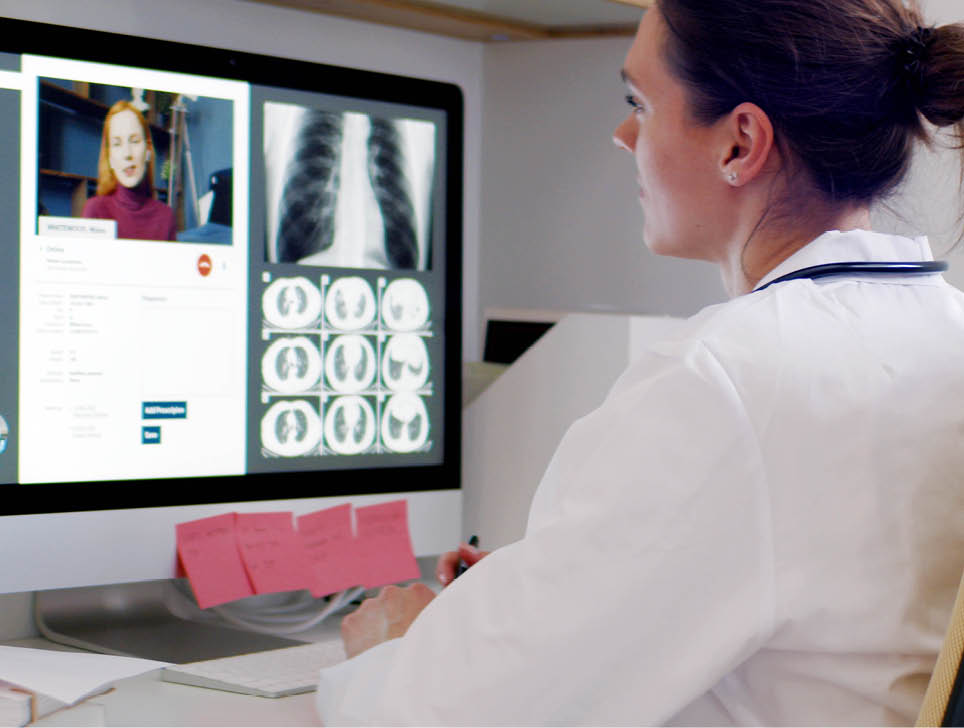 Caucasian female doctor delivering telemedicine consultation to a patient. Telehealth, telemedicine, remote consultation service. Coronavirus, COVID-19